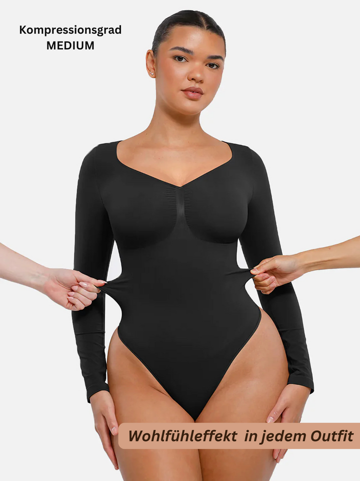 Eleganter, unsichtbarer Langarm Bodysuit für Damen, figurformend & bauchweg, in klassischem Schwarz.