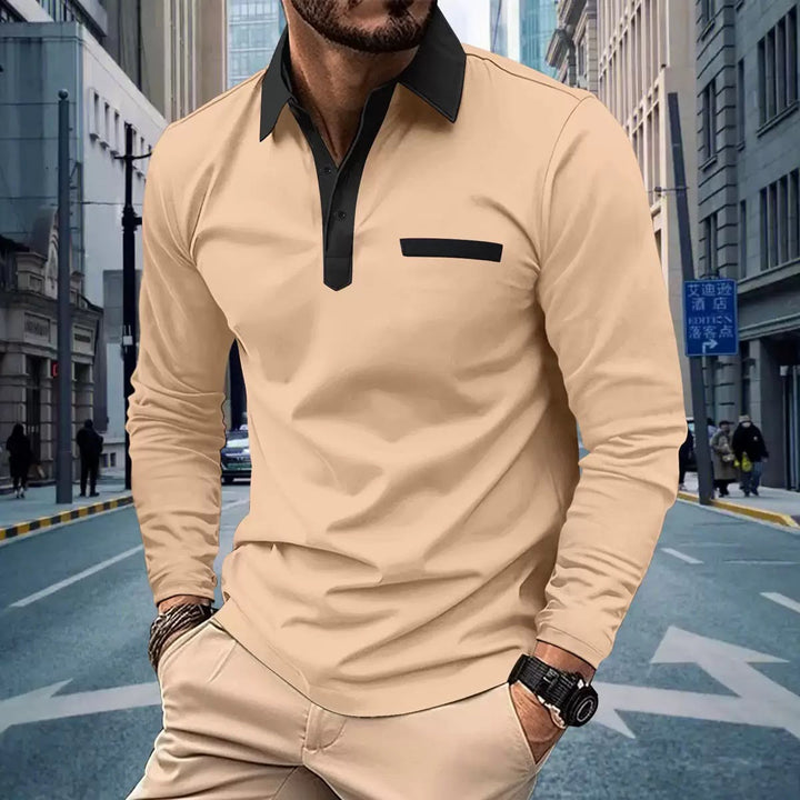 Herren Polohemd mit Kontrastkragen und Langarm in eleganter Business Casual Optik für Männer.