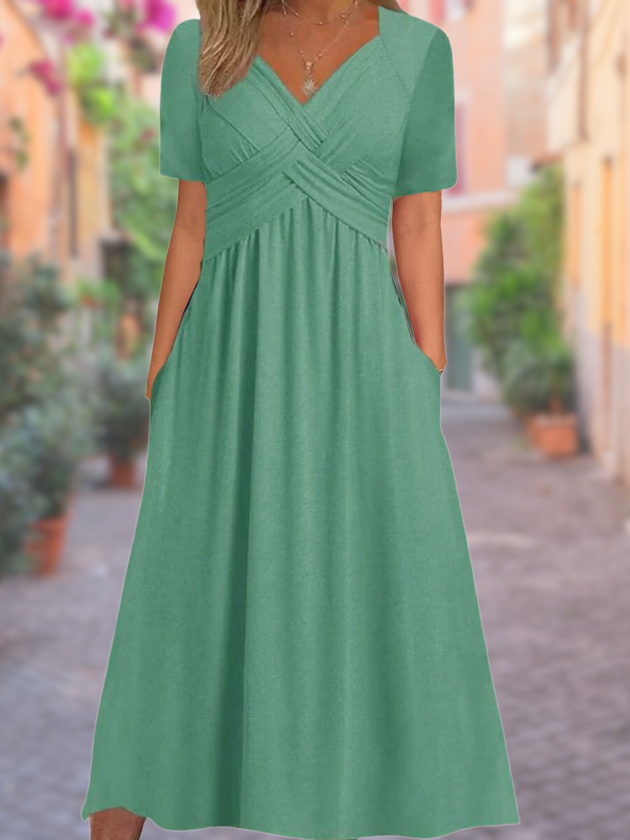 Schmeichelhaftes Damen Midi-Sommerkleid A-Linie mit V-Ausschnitt, elegantem Kreuzrücken, ideal für Freizeit & Fest.