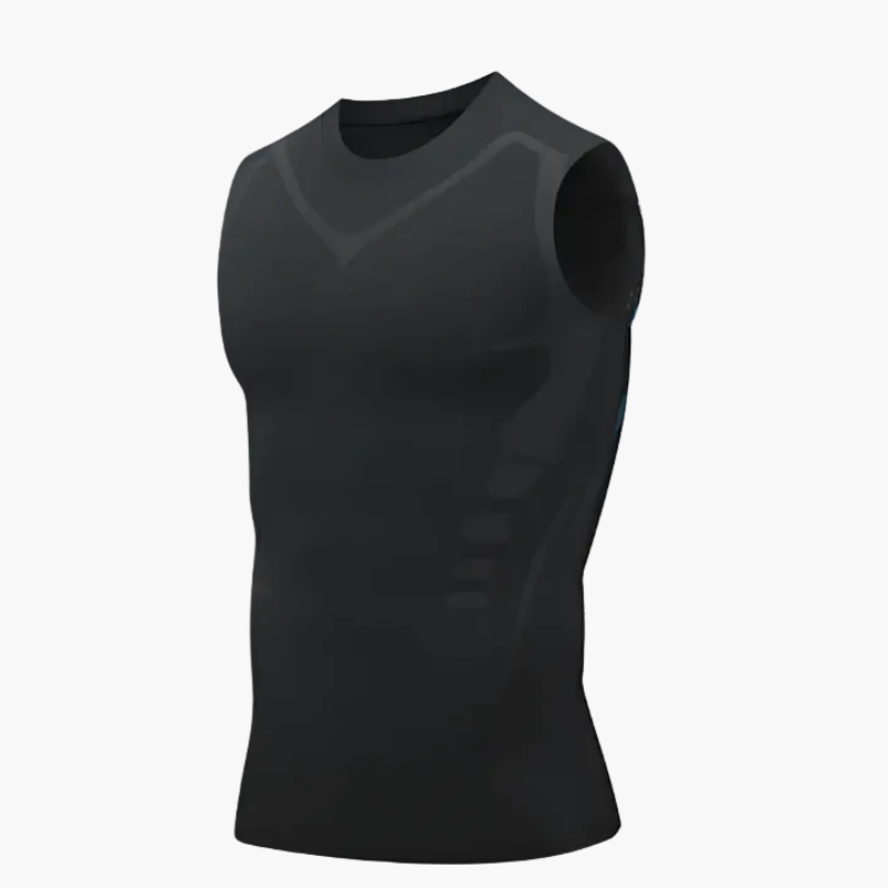 Athlet trägt ärmelloses Herren Kompressionsshirt beim Laufen. Performance Tanktop für maximale Sportleistung.