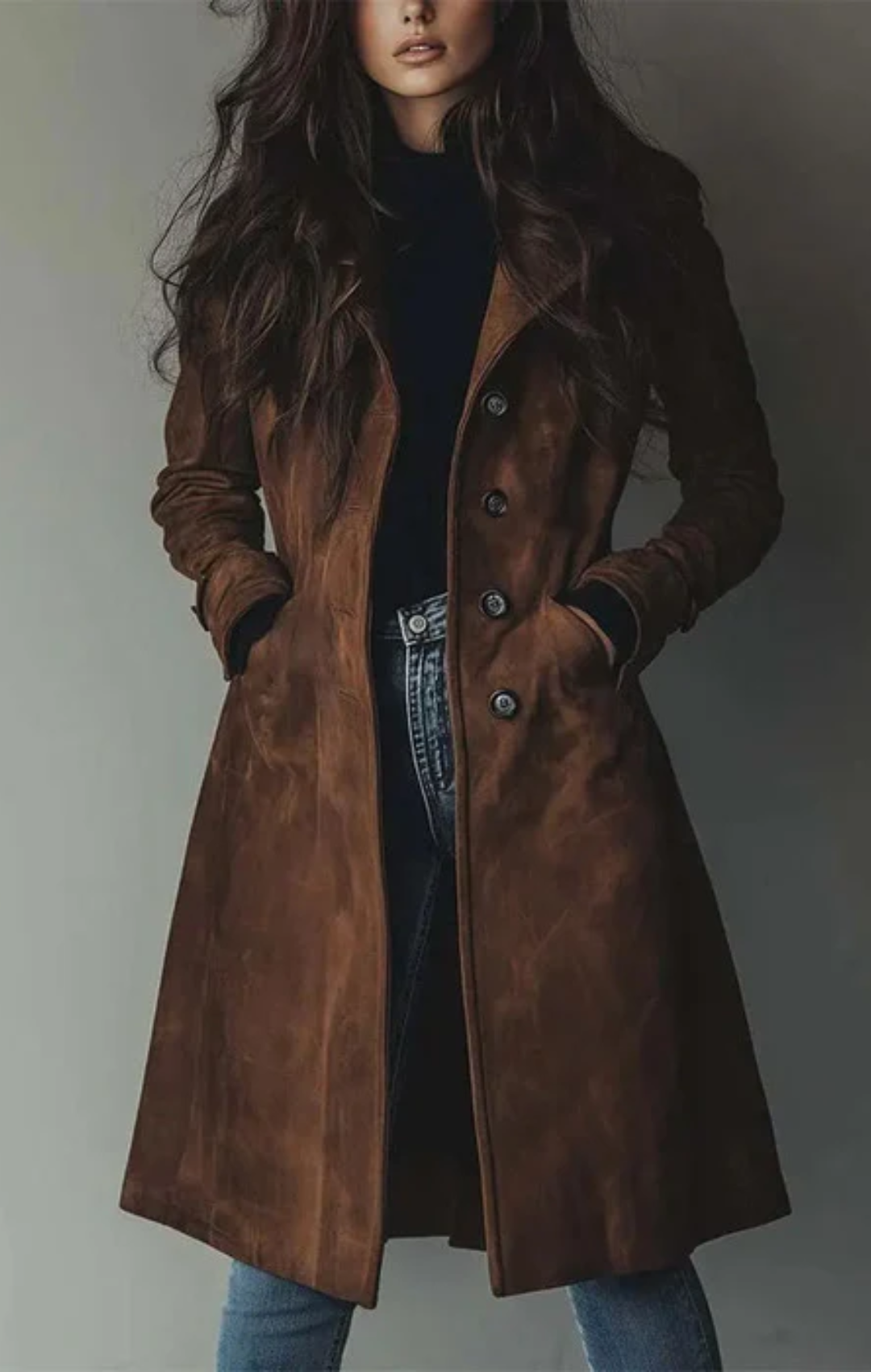 Elegante lange Damenjacke, stilvoller Mantel für Frauen, perfekt für Business & Freizeitmode.
