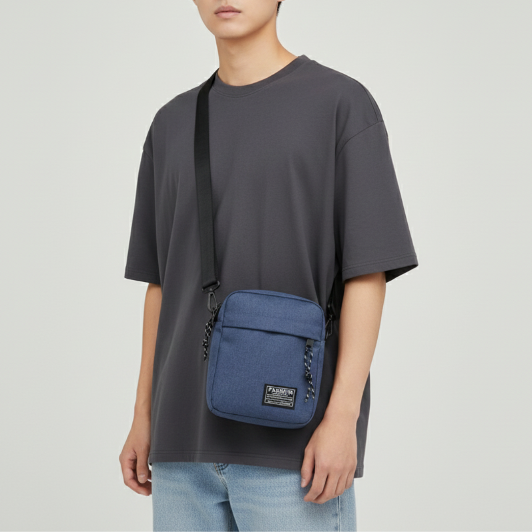 Blaue robuste Crossbody-Tasche aus Oxford-Stoff. Freihändig und perfekt für Alltag & Städtetrips.