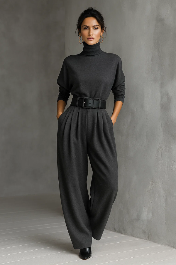 Eleganter schwarzer Damen Jumpsuit mit Gürtel, hohem Hals und weitem Bein für Business & Abendmode.
