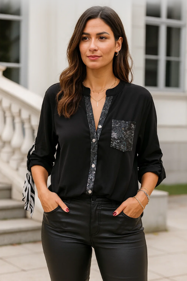 Damen Pailletten Top, kurzarm, lockere Passform, elegant für Abendmode.