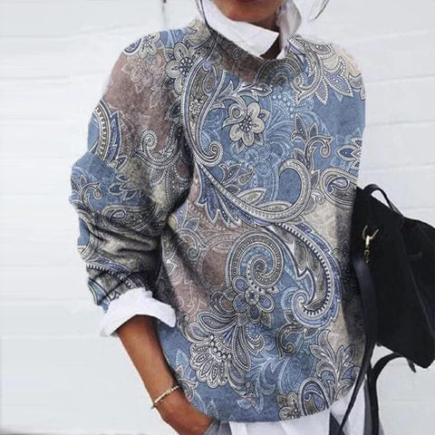 Eleganter grauer Damen Langarmpullover mit modischem Print. Bedruckter Pullover für Frauen, bequem & schick.