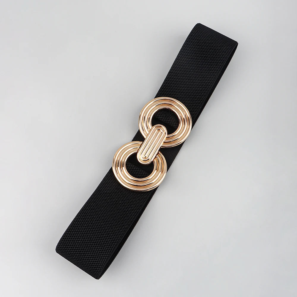Schwarzer elastischer Damengürtel mit eleganter Rundschnalle. Perfekt als Kleider- & Taillengürtel für Frauen.
