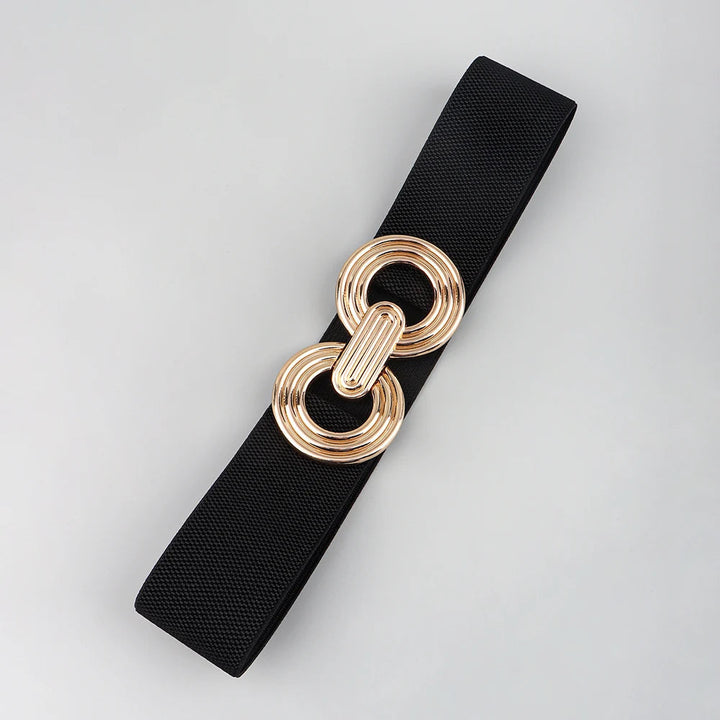 Schwarzer elastischer Damengürtel mit eleganter Rundschnalle. Perfekt als Kleider- & Taillengürtel für Frauen.