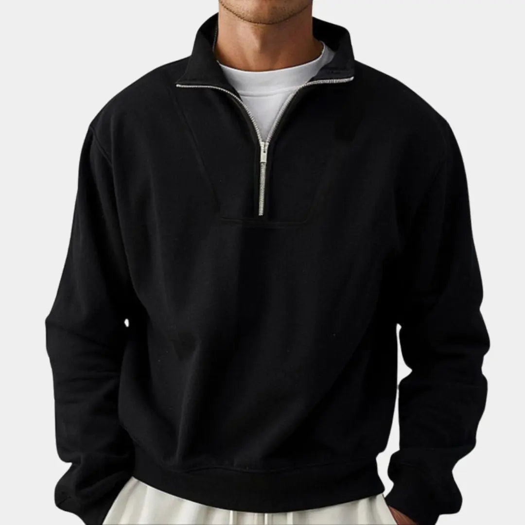 Herren Kapuzen-Sweatshirt schwarz mit Reißverschluss und Reverskragen, ideal für sportliche Freizeit.