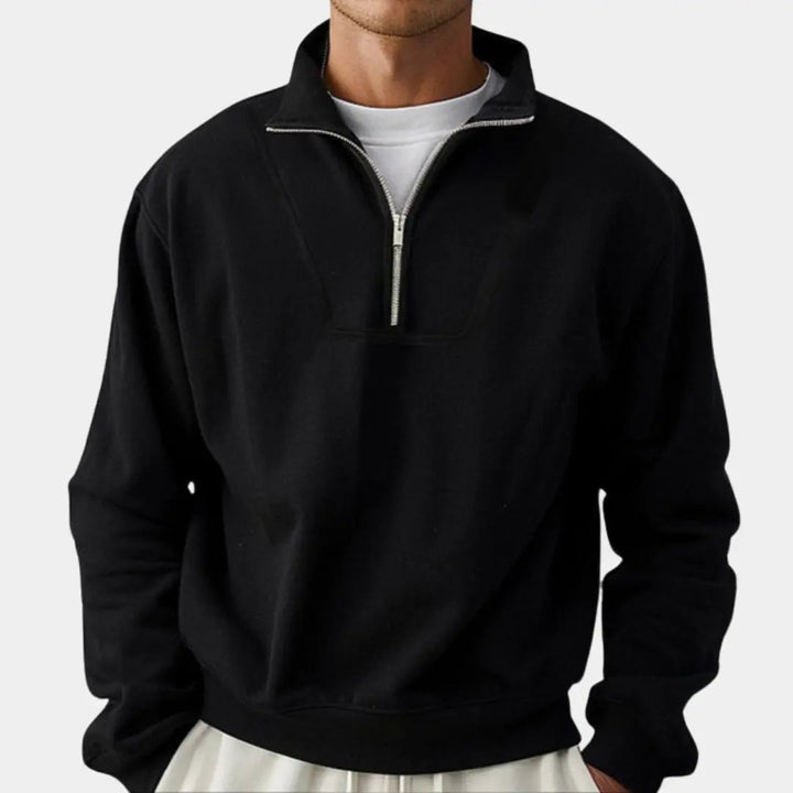Herren Kapuzen-Sweatshirt schwarz mit Reißverschluss und Reverskragen, ideal für sportliche Freizeit.
