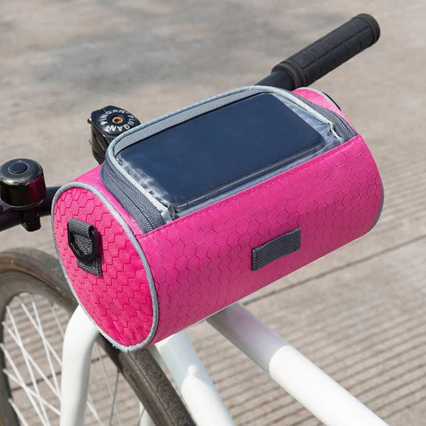 Moderne wasserdichte Fahrradtasche mit Touchscreen-Fenster für einfache Bedienung des Smartphones beim Fahren.