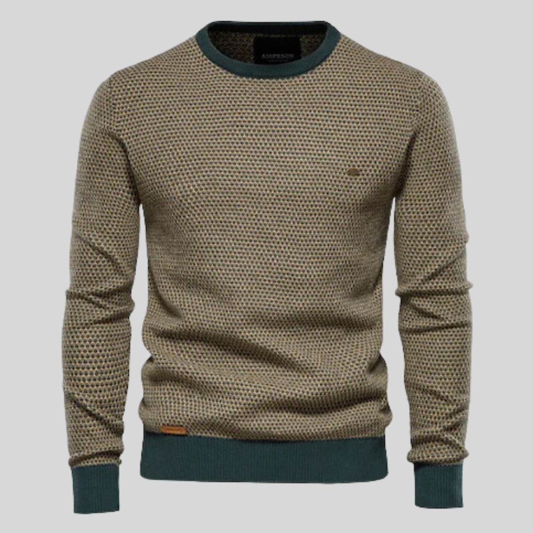 Zeitloser grüner Herren Strickpullover. Eleganter Langarm Pullover für Herrenmode, ideal für Herbst/Winter.