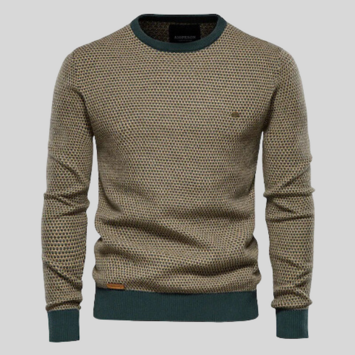 Zeitloser grüner Herren Strickpullover. Eleganter Langarm Pullover für Herrenmode, ideal für Herbst/Winter.