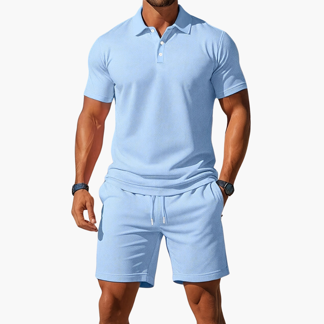 Herren Sommer Set: Bequemes Polohemd & Shorts mit Knopfleiste & Kordelzugbund für Freizeit & Urlaub.