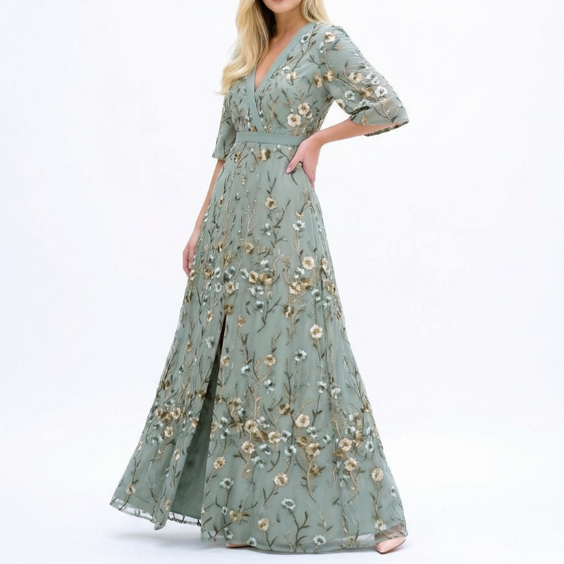 Elegantes Damen Blumenkleid mit farbenfrohem Blumenmuster und fließendem Rock, ideal für Sommer und Alltag.