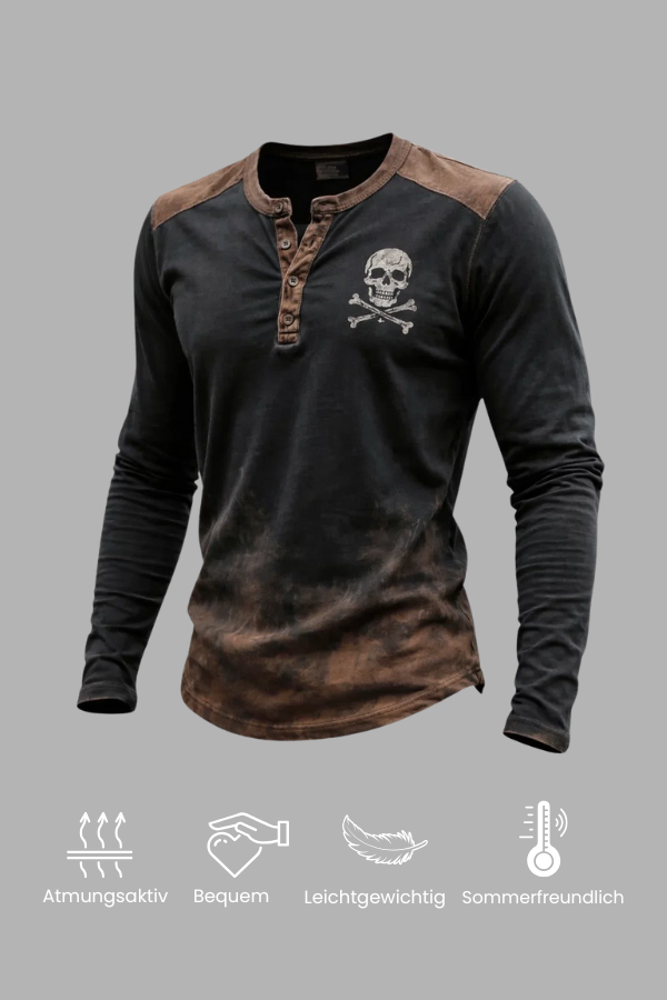 Lässiges Herren Henley Langarmshirt mit Totenkopf-Motiv, perfekt für Motorradstil & Freizeit.