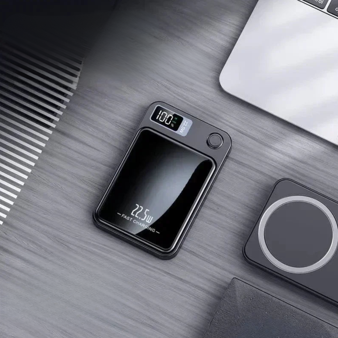 Vielseitige magnetische Powerbank, mobil, mit Akku, kabelloser Ladefunktion für Smartphones.