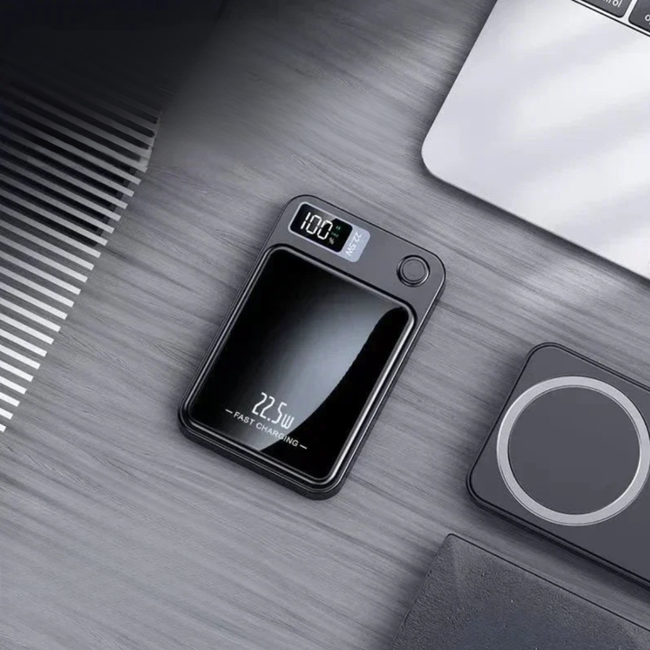 Vielseitige magnetische Powerbank, mobil, mit Akku, kabelloser Ladefunktion für Smartphones.