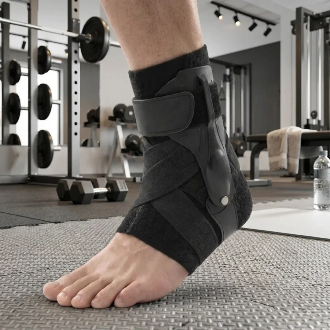 Schwarze Unisex Low Profile Knöchelbandage aus Polyester für stabile Unterstützung.