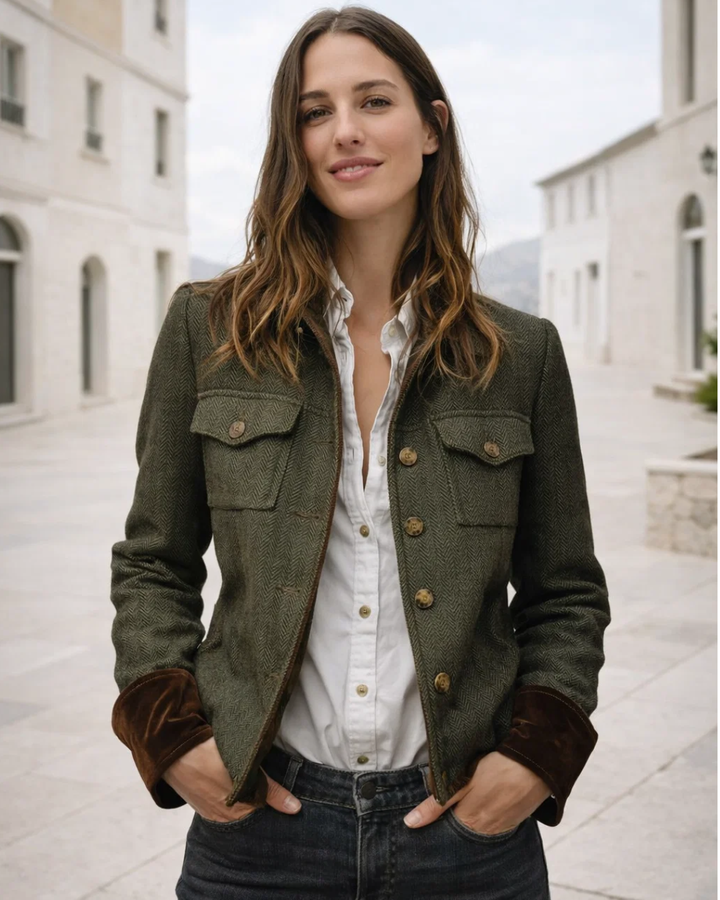 Grüne elegante Damen Tweedjacke, tailliert geschnitten, für Business und Freizeit. Klassischer Stil.