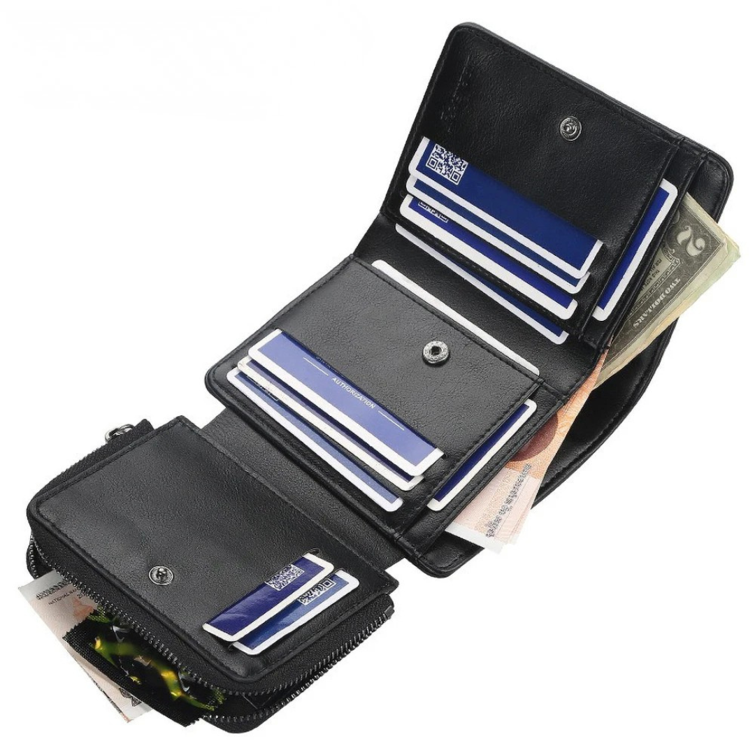 Detailaufnahme des praktischen Münzfachs in einer schwarzen RFID-Brieftasche, für geordnete Kleingeldaufbewahrung.