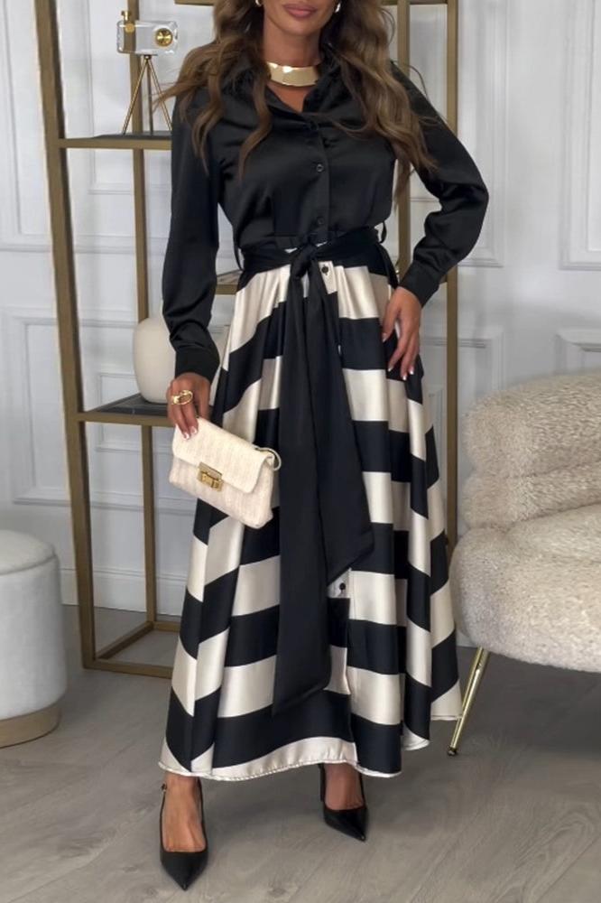 Langärmeliges gestreiftes Maxikleid in A-Linie, elegantes Design für modische Damen. Vielseitig für Freizeit & Abend.
