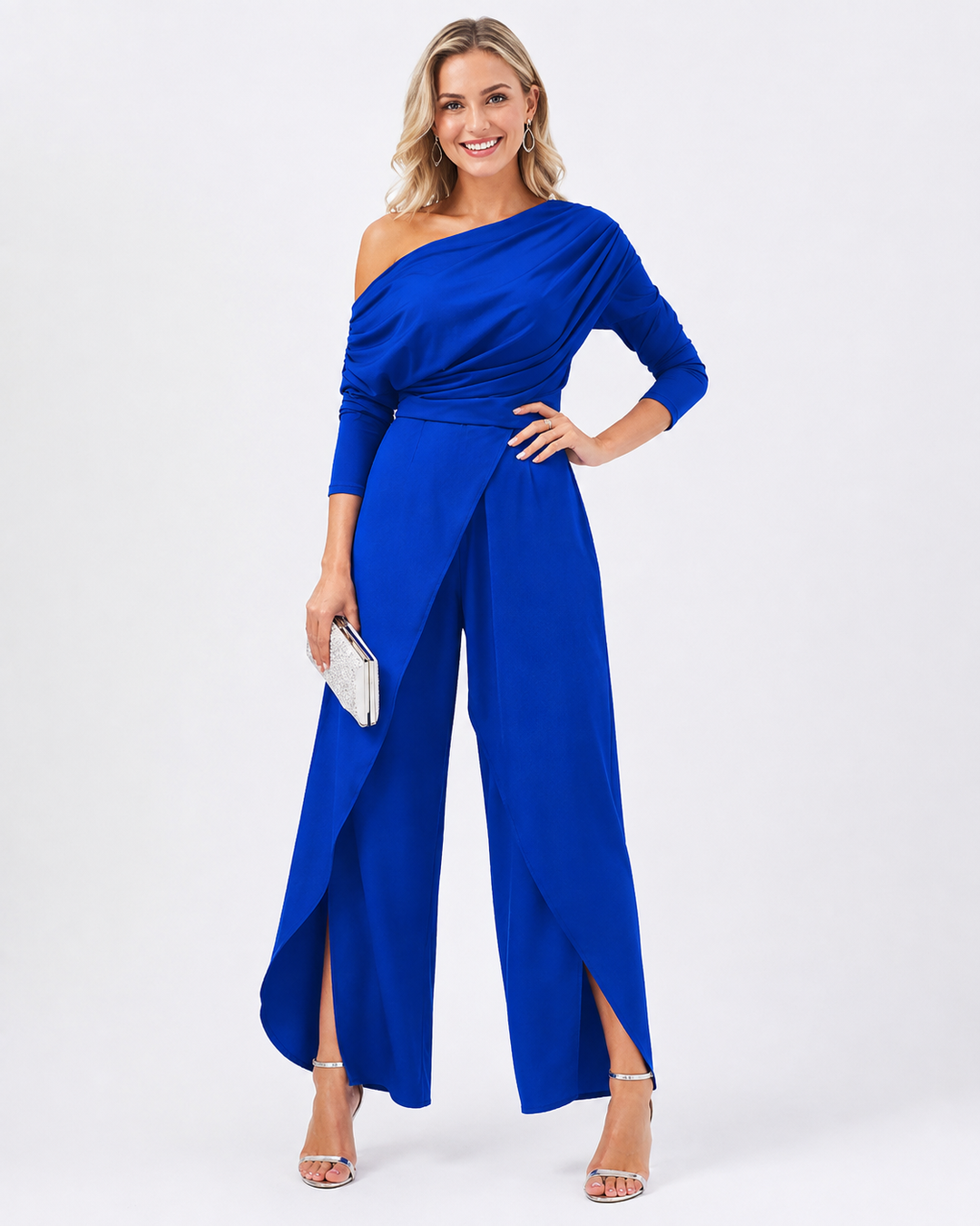 Festlicher Damen Langarm-Overall, asymmetrisch geschnitten, ideal für elegante Anlässe und Abende.