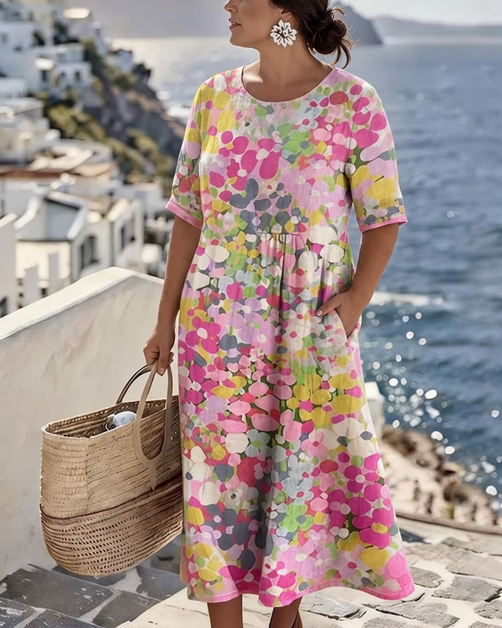 Farbenfrohes Damen Midikleid mit eleganten Blüten, ideal für Casual-Looks & Grosse Grössen.