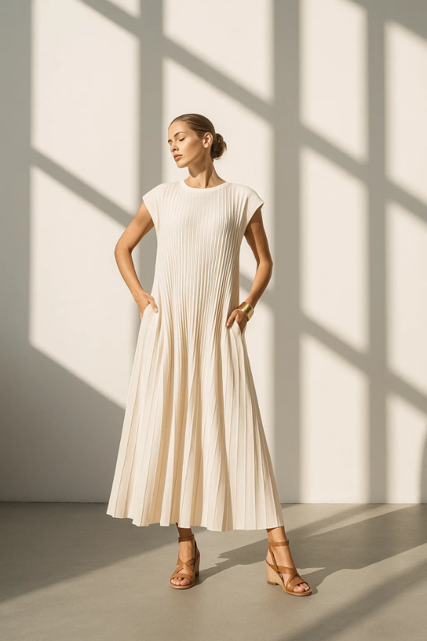 Bequemes Damen Maxikleid für den Alltag, ärmellos und locker geschnitten, perfektes Freizeitkleid mit Taschen.