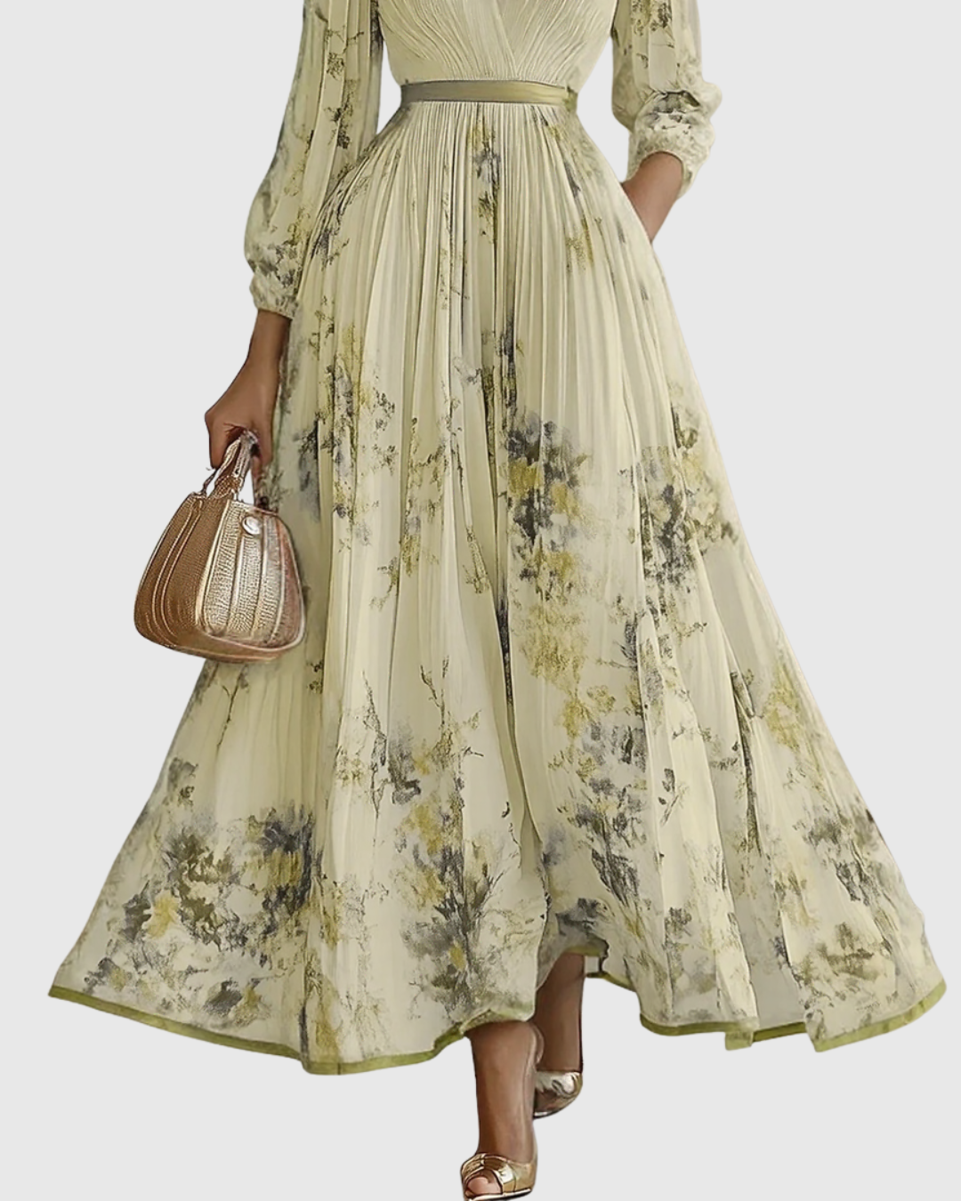 Modisches Damen Maxikleid, plissiert, mit elegantem V-Ausschnitt für stilvolle Auftritte.