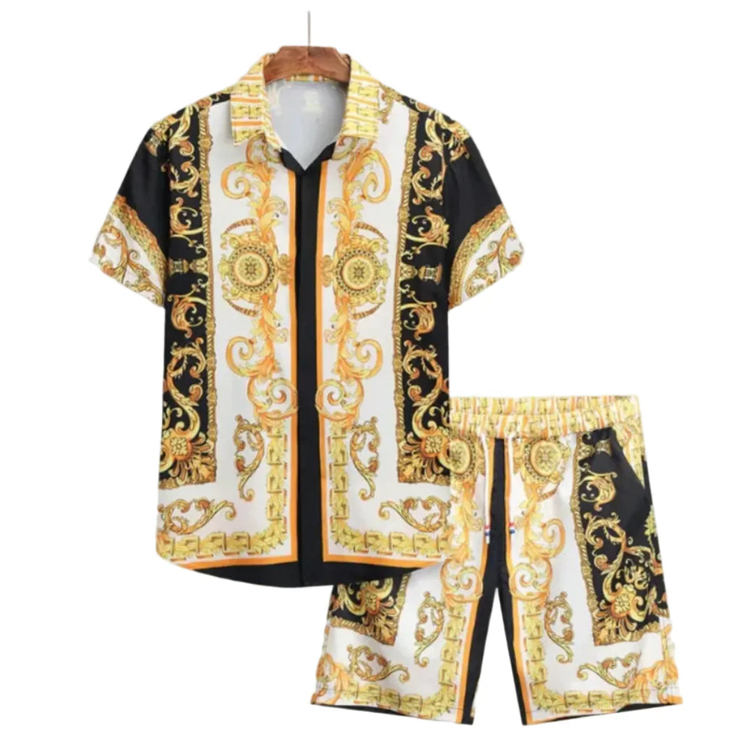 Herren Sommeranzug Barockmuster in Marineblau. Lockeres Kurzarmhemd & Shorts Set für Freizeit & Urlaub.