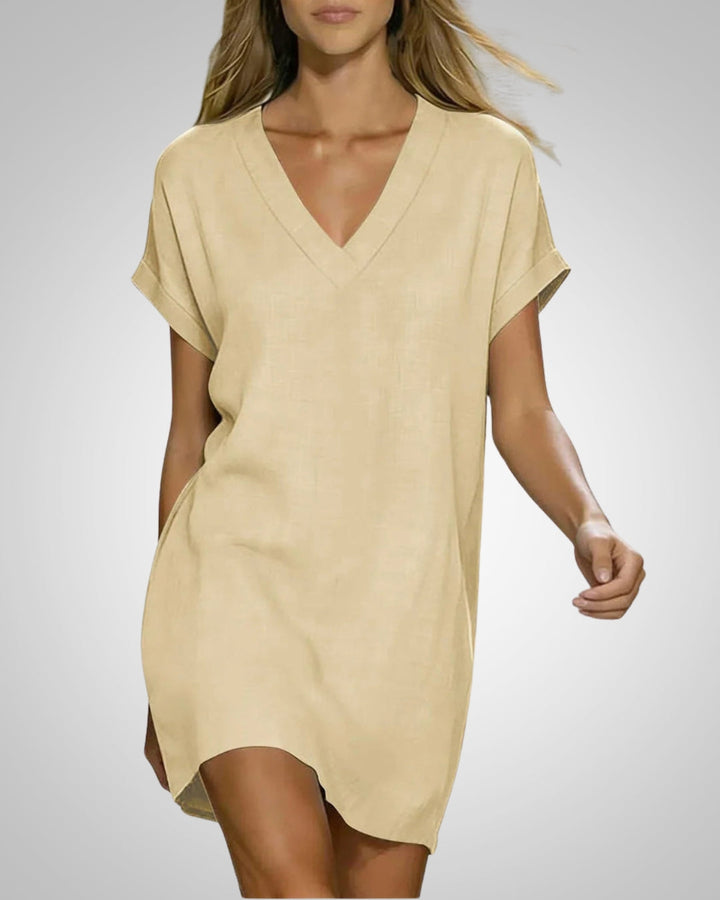 Elegantes Damen Midikleid mit schmeichelhaftem V-Ausschnitt und bequemen kurzen Ärmeln für jeden Tag.