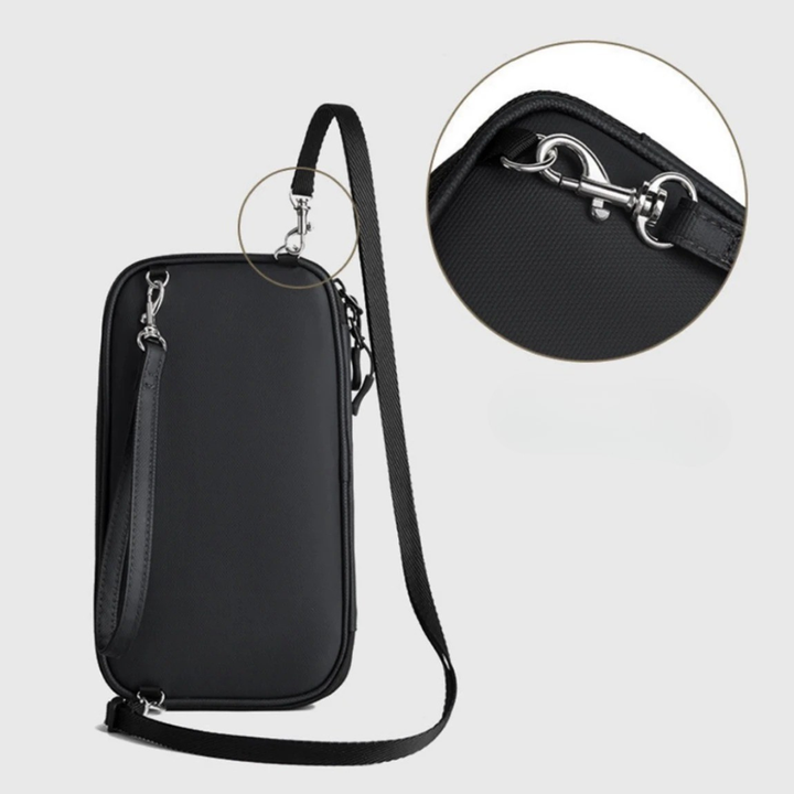Organizer-Tasche Innenansicht mit Fächern für Pass, Boarding-Pässe und Handy. Mit umfassendem RFID-Schutz.