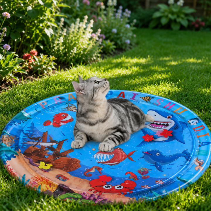Aufblasbare Wasserspielmatte für Babys, ideal für sensorischen Spielspaß und kühlende Abwechslung im Sommer.