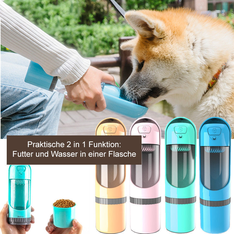 2-in-1 Hundeflasche für Futter & Wasser unterwegs. Ideal als auslaufsicheres Reisezubehör für Hundeausflüge.