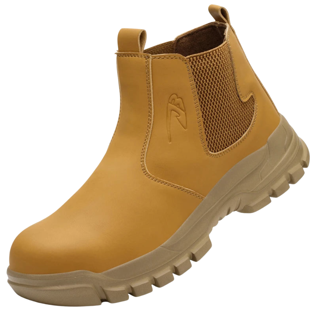 Nahaufnahme der robusten, beigen Herren Arbeitsstiefel mit wasserdichtem Obermaterial und Zehenschutz.