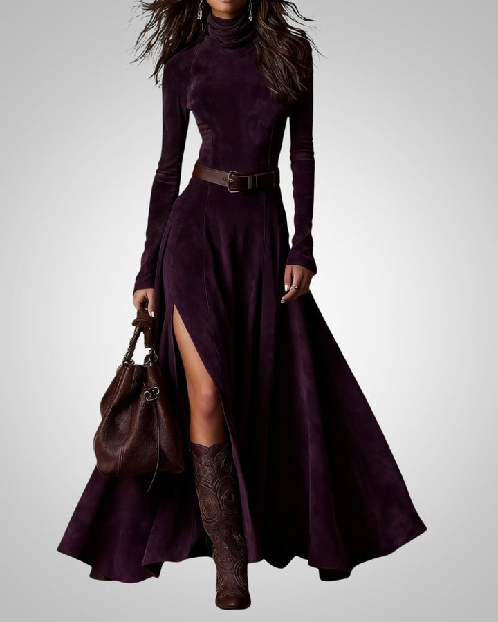 Damen Langarm Maxikleid mit Rollkragen, Gürtel & seitlichem Schlitz. Stilvolles, bequemes Kleid für Freizeit.