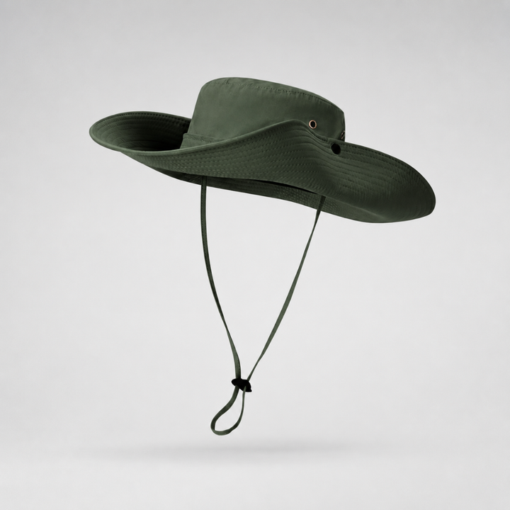 Leichter Breitrand-Outdoor-Hut für Damen und Herren, mit UV-Schutz und Kinnriemen.