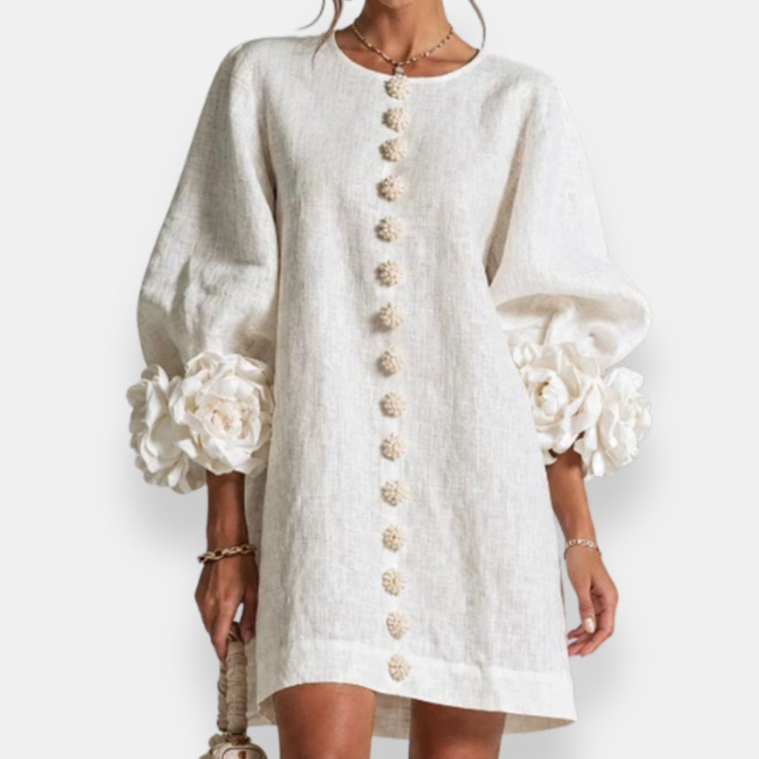 Damen Blütenrelief Maxikleid mit eleganten Ballonärmeln für Sommerfeste, Vorderansicht.