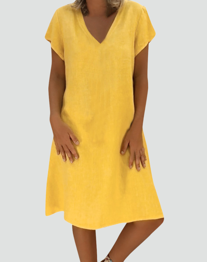 Modisches Damenkleid, luftiges Midikleid mit V-Ausschnitt, perfekt als Hochzeitsgastkleid.