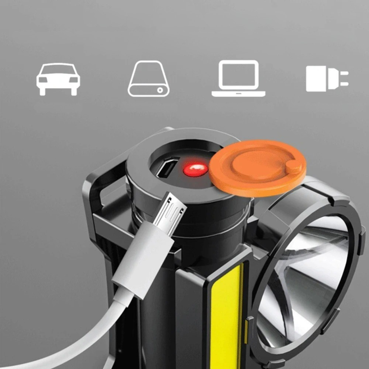 Robuste LED-Stirnlampe zum Aufladen via USB, ideal für Camping, Wandern und andere Outdoor-Aktivitäten.