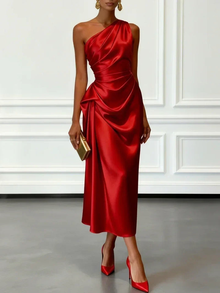 Stylisches ärmelloses Damen Ein-Schulter Midikleid mit Rüschen, elegantes Partykleid für besondere Anlässe.
