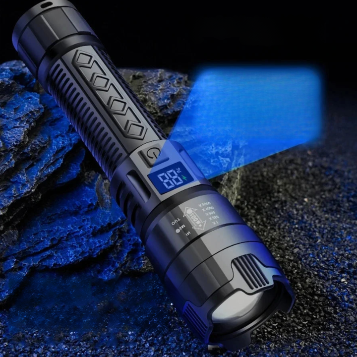 Professionelle LED-Taschenlampe Outdoor, wiederaufladbar, mit Powerbank & Zoom.