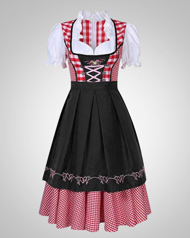 Grün-schwarz kariertes Damen Dirndl mit weißer Bluse & Schürze. Perfekte traditionelle Festmode für Oktoberfest.