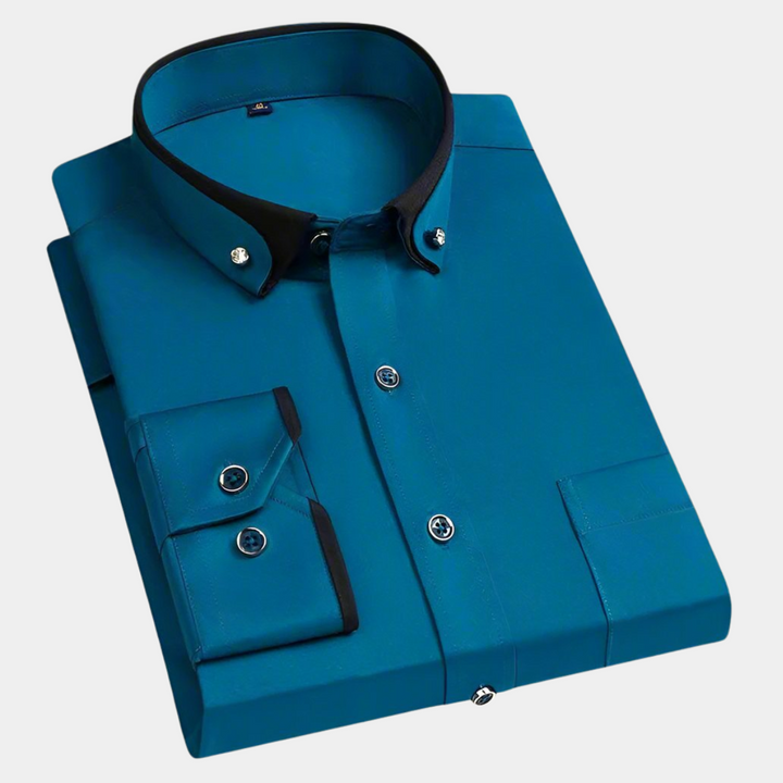 Stylisches Herren Langarmhemd mit Kontrastdetails an Kragen und Knopfleiste, perfekt für einen eleganten Auftritt.
