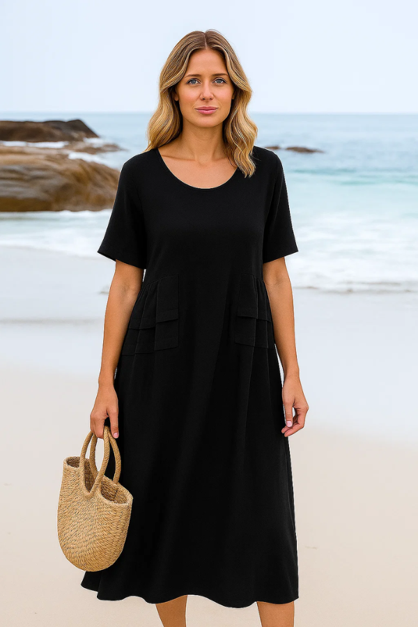 Damen Sommer Midikleid, lockerer A-Linien-Schnitt, bequem für Freizeit & Alltag, elegantes Kurzarmkleid.