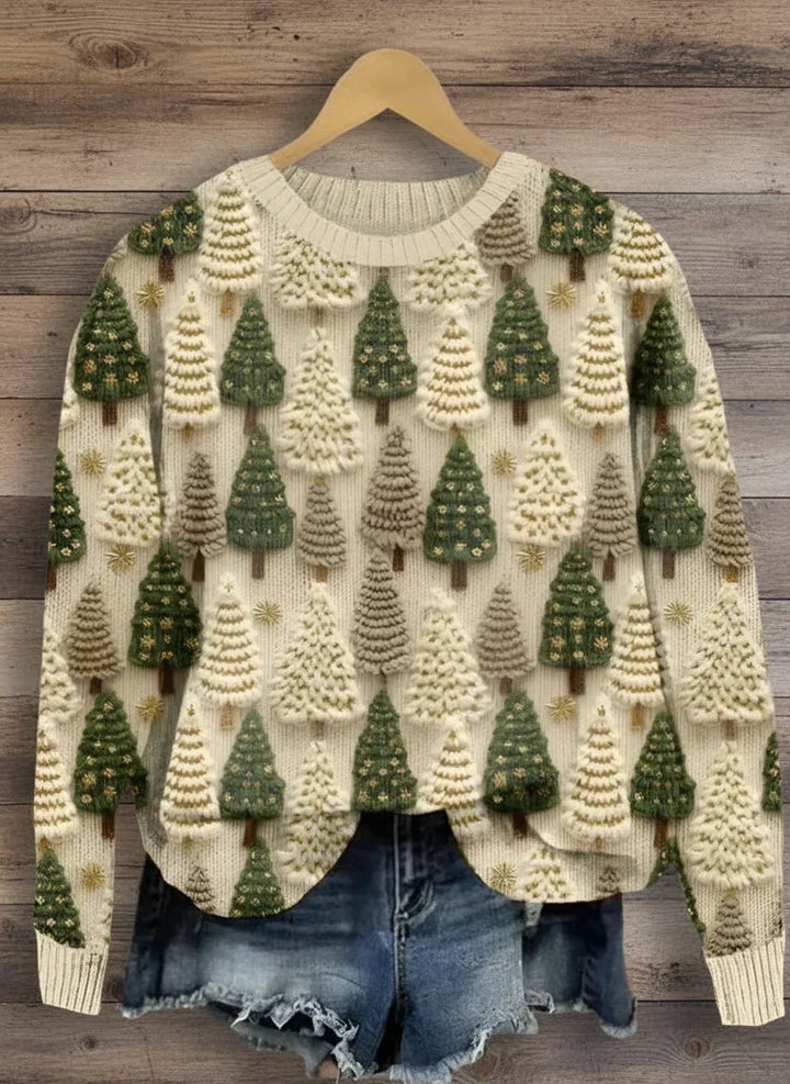Festlicher Damen Weihnachtspullover mit Tannenbaum-Muster und Rundhals. Ideal für gemütliche Weihnachtsoutfits.