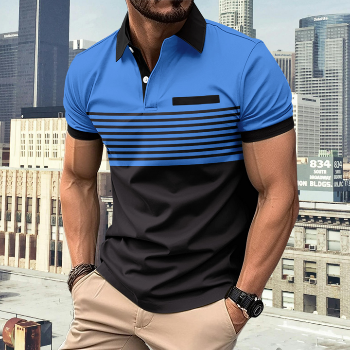 Elegantes Herren Poloshirt langarm, gestreift, mit Kragen. Perfekt für Herbst, Freizeit & Business-Casual Outfits.
