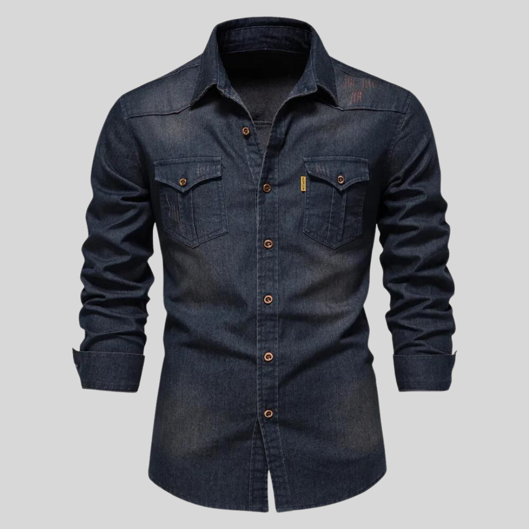 Klassisches Herren Jeanshemd aus Denim mit Knopfleiste, langärmelig, ideal für stilvolle Alltags- und Freizeitlooks.