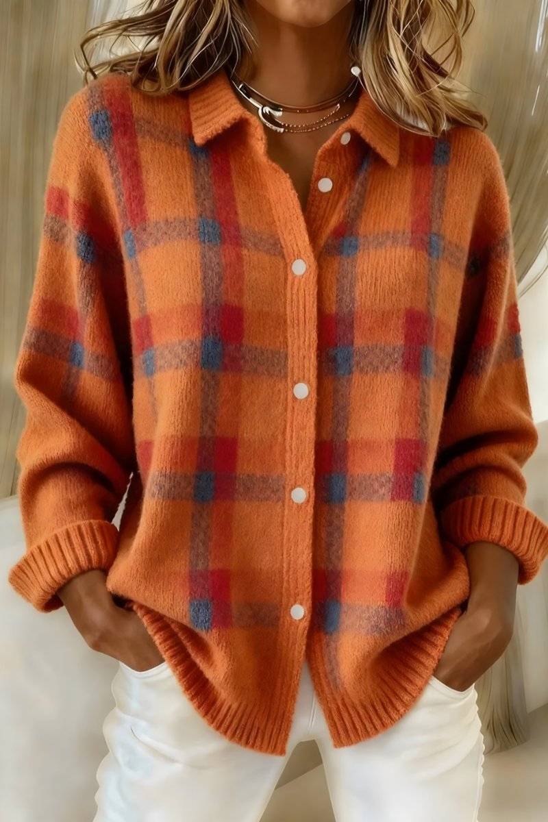Roter Damen Karomuster Strickcardigan, gemütliche Strickjacke im Retro-Stil.