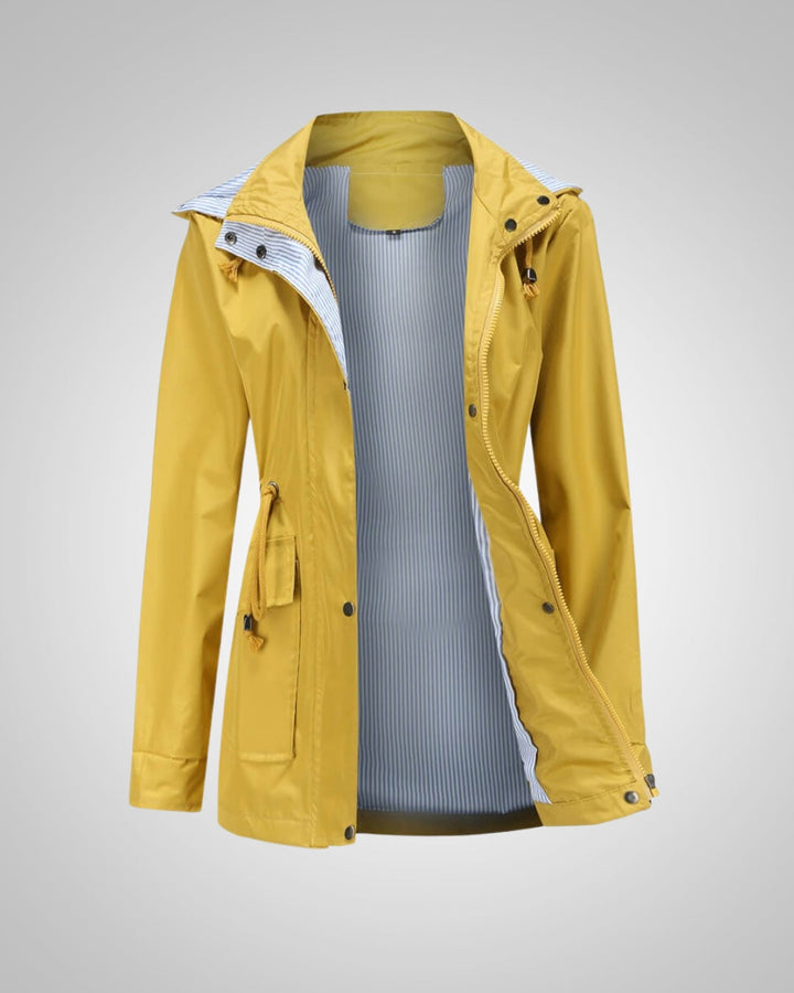 Robuste Damen Regenjacke mit Kordelzug-Kapuze, optimaler Wetterschutz für jede Freizeit-Aktivität.